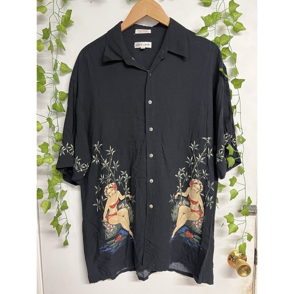 Pierre Cardin Mens Sz L Hawaiian Shirt Black Floral Rayon Bikini Girl Korea Made - Picture 1 of 9